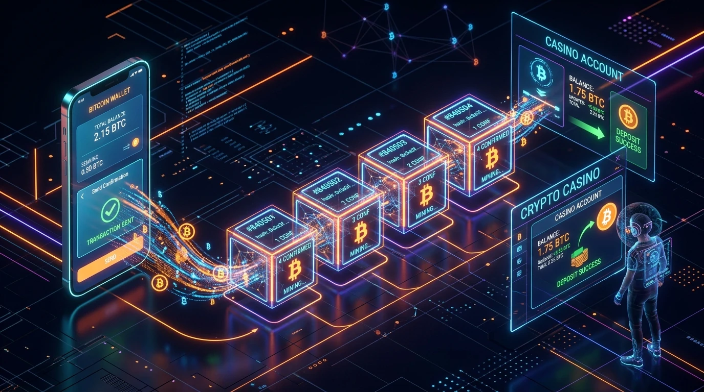 Illustration of a Bitcoin transaction moving from a wallet through network confirmations to a casino account balance