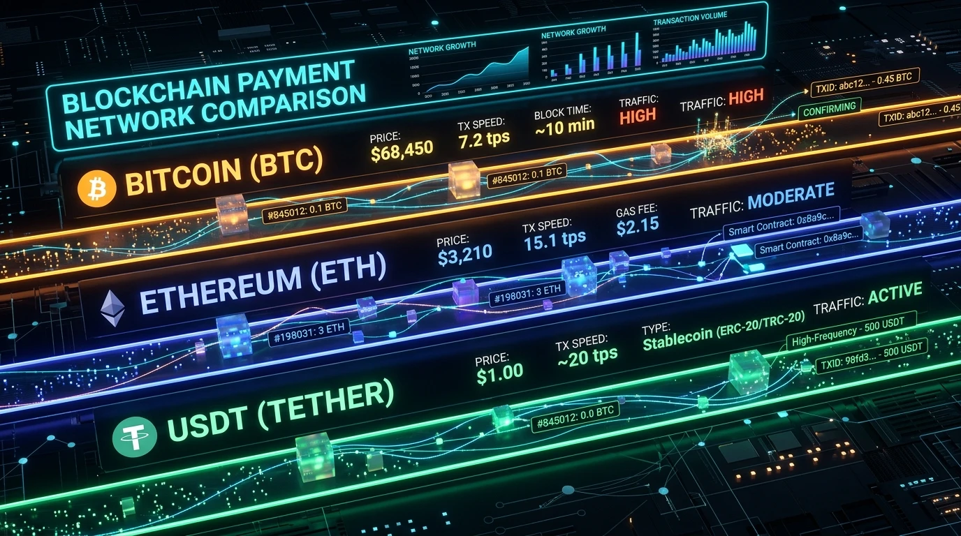 Illustration comparing three separate network paths for Bitcoin, Ethereum and USDT payments